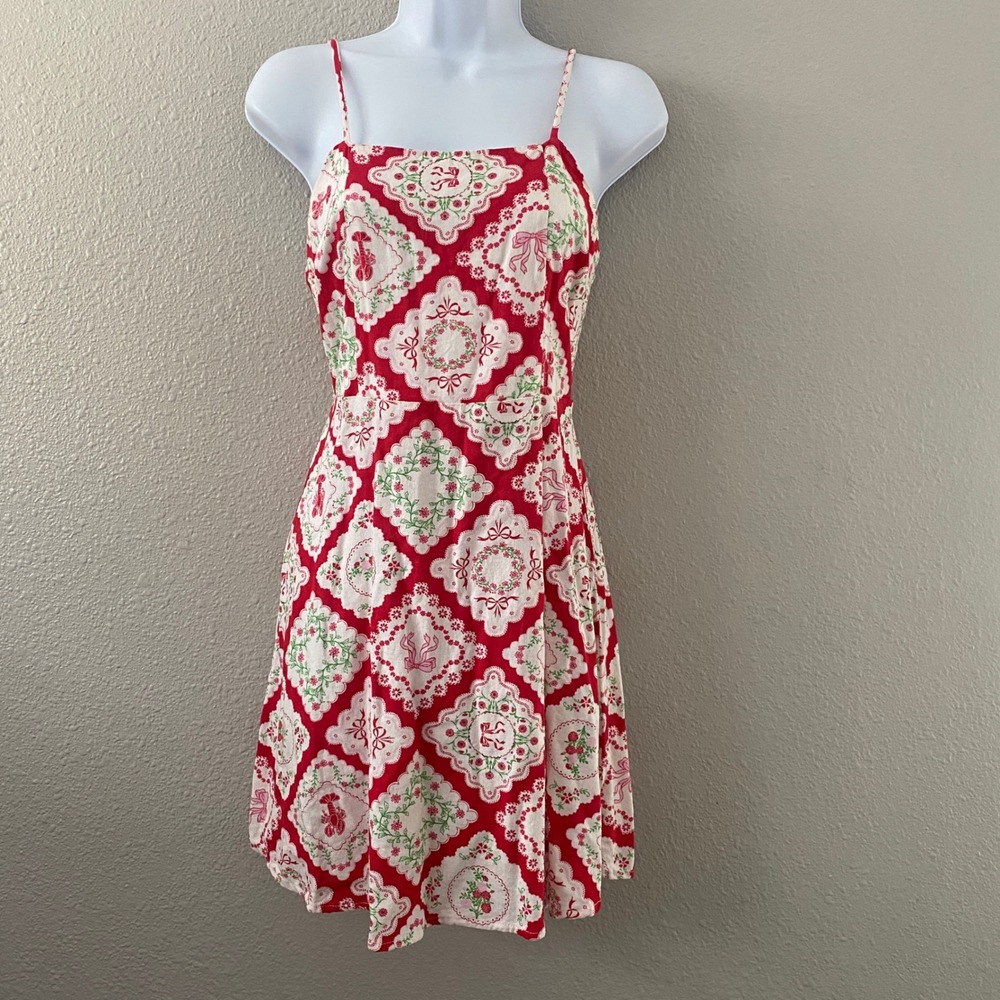Patchwork Red Floral Dress Small Novelty Lobster Feminine Casual Linen Blend